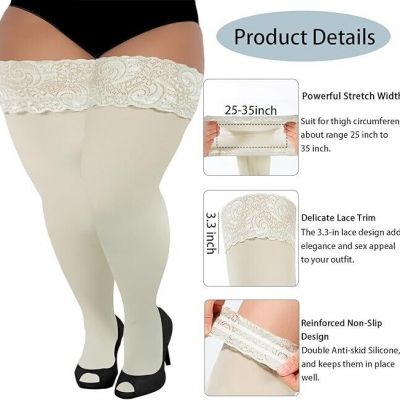 WHITE PLUS SIZE THIGH HIGH STOCKINGS SILICONE LACE TOP STAY UP 55D WOMEN'S SHEER